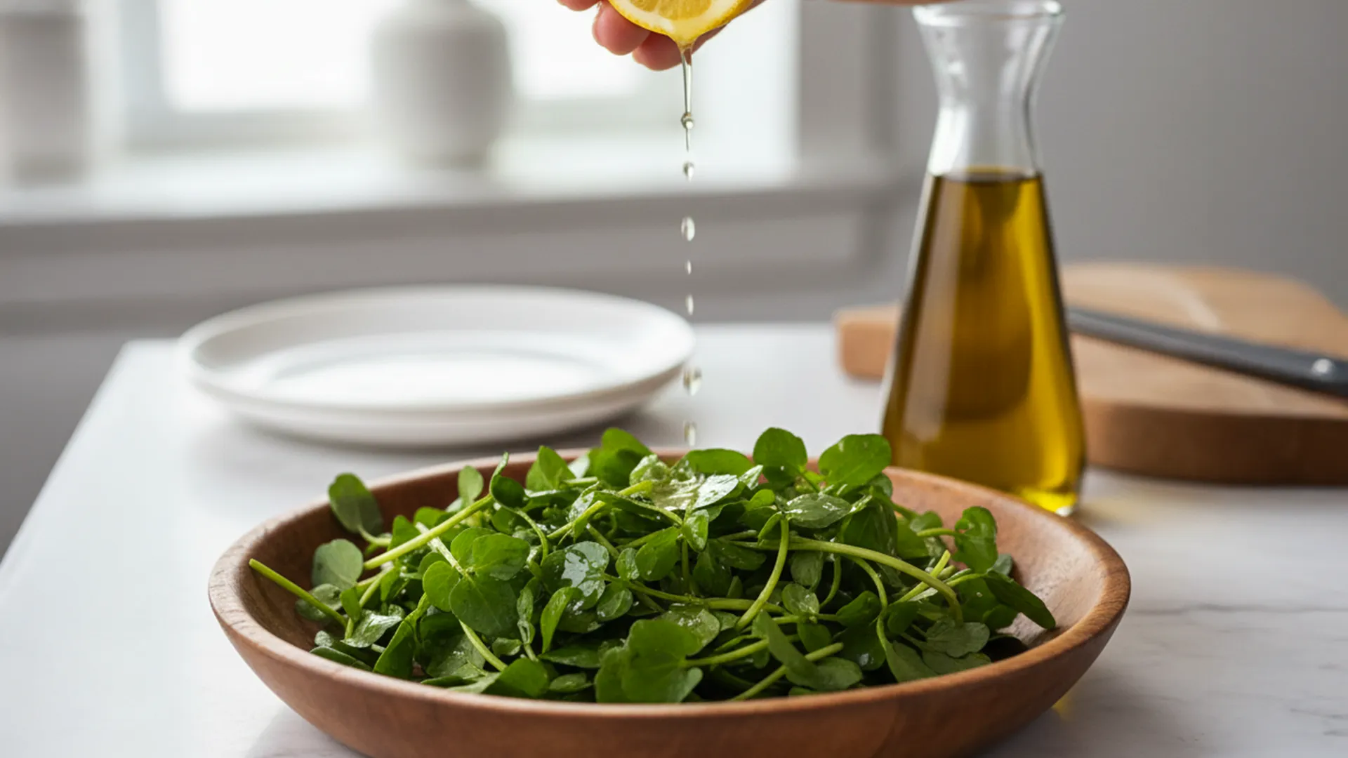 A bowl of watercress being dressed with squeezed lemon juice