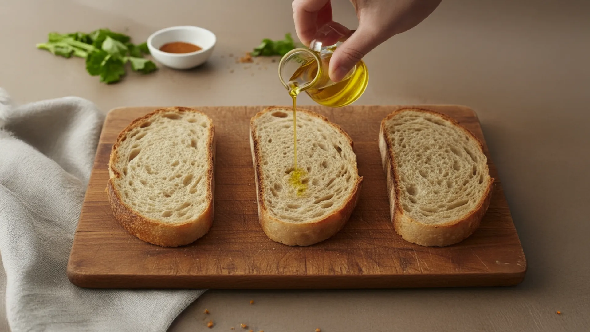 3 Slices of White Sourdough bread on a chopping board being drizzled with oil