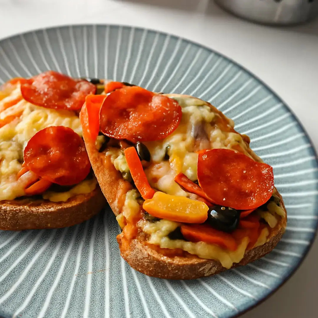 A close-up shot of two "toast pizzas" on a light blue and white striped plate. Each piece of toast is topped with melted cheese, slices of pepperoni, chopped orange and yellow bell peppers, and what appear to be black olive pieces. The toppings are slightly browned and bubbly, indicating they have been recently cooked.