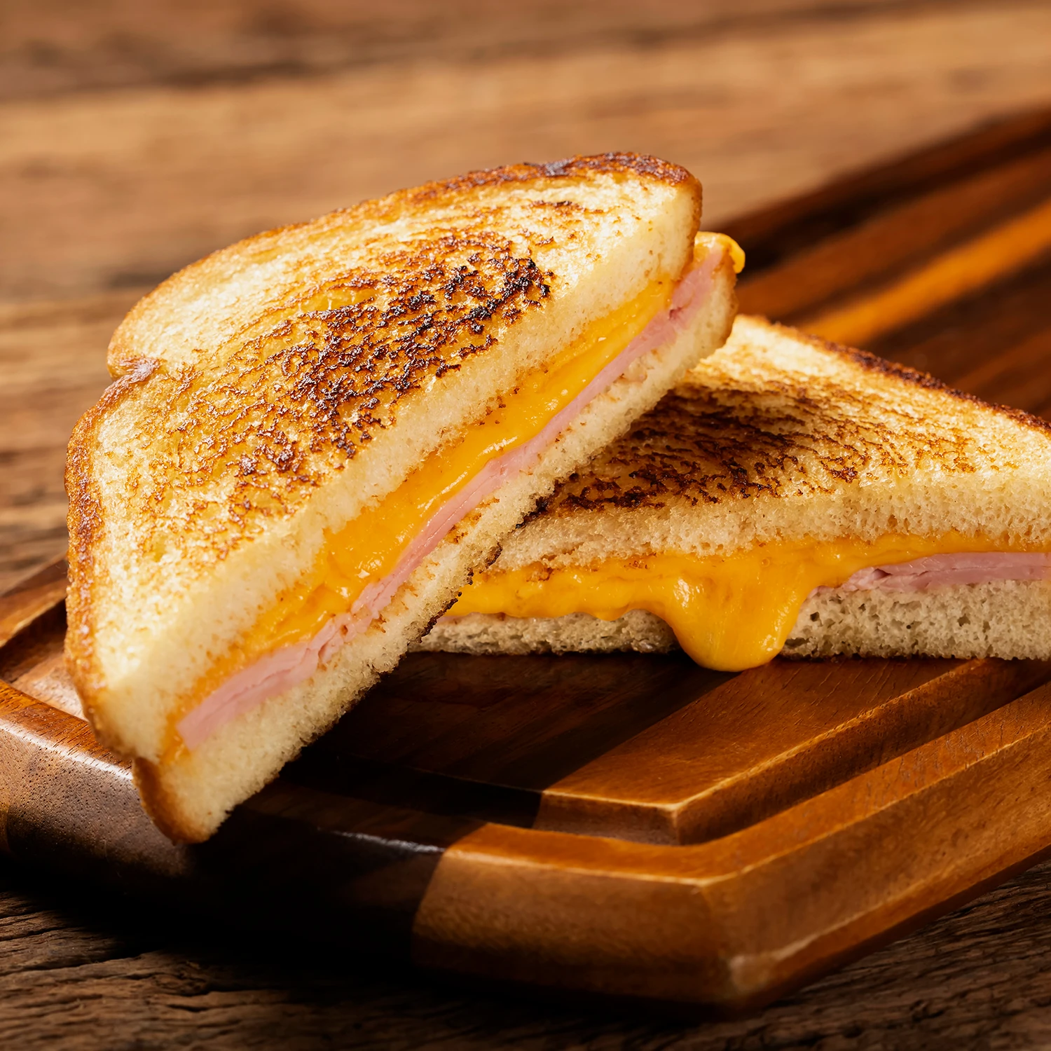 Two halves of a toasted sandwich using Hovis Soft White Thick Bread, cut open to reveal yellow molten cheese and ham, placed on a wooden board.