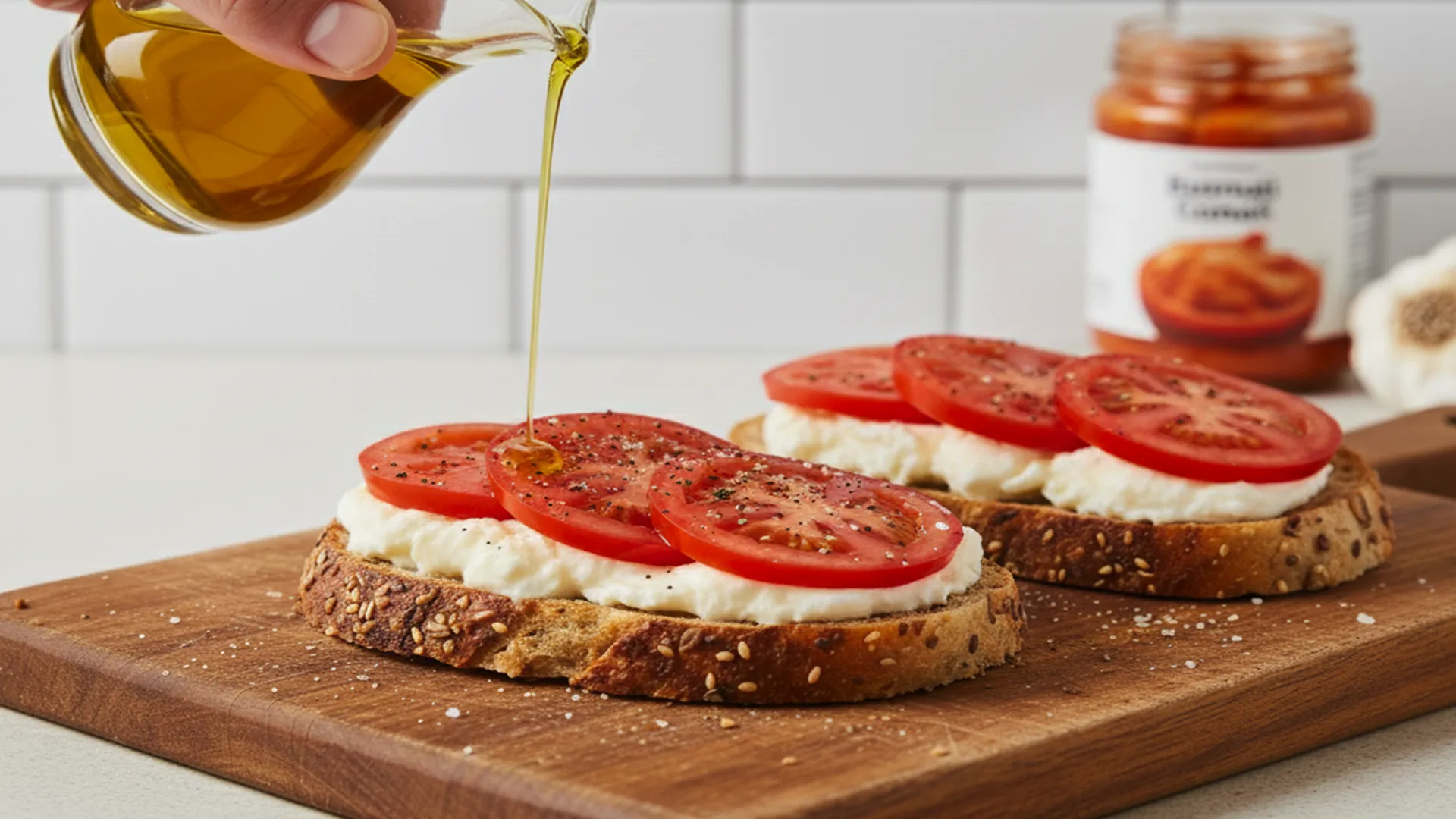 Someone drizzling oil over two slices of seeded sourdough topped with burrata cheese and tomato slices