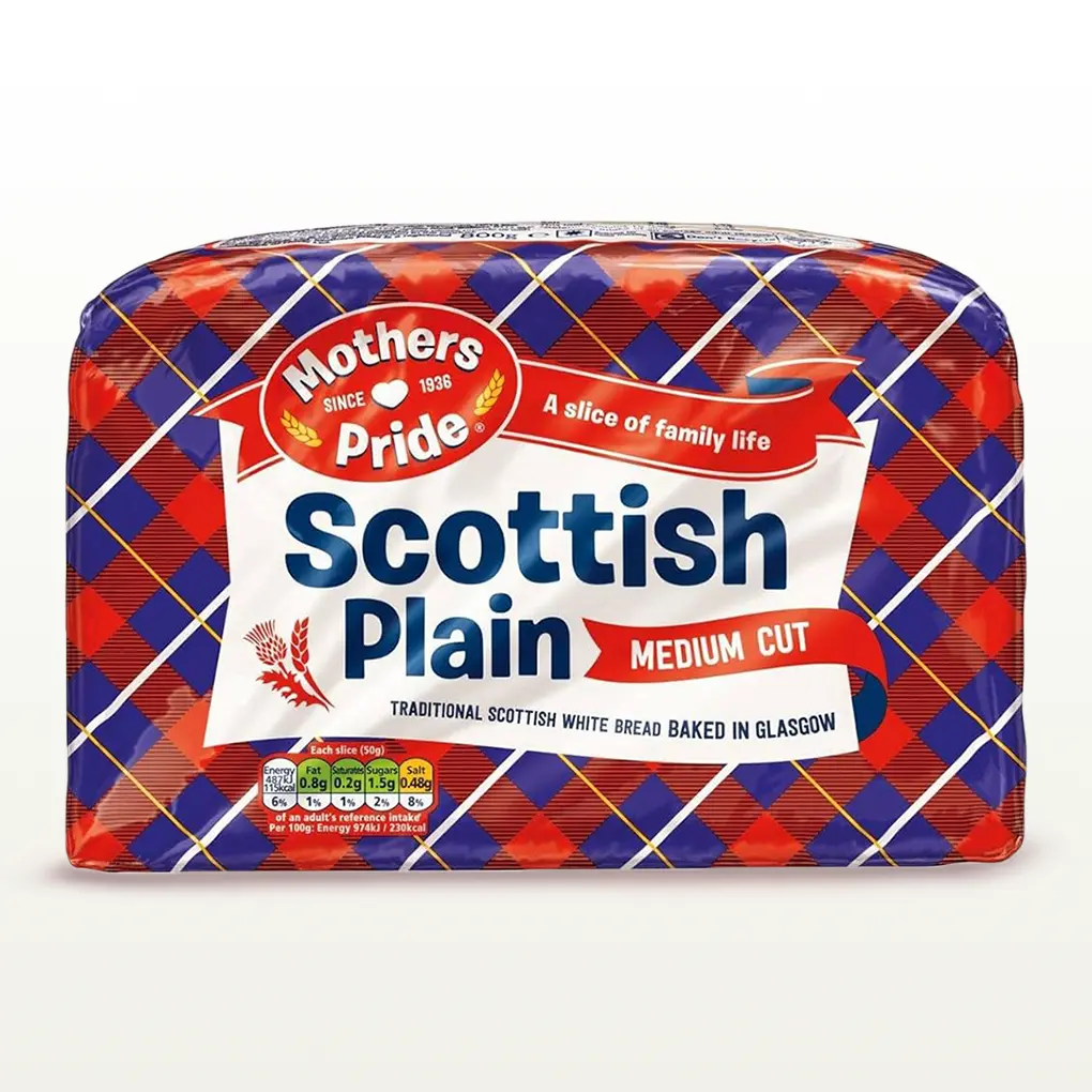 Mothers Pride Scottish Plain bread in blue, red, and white tartan plaid packaging, with a label that reads 'A slice of family life'.