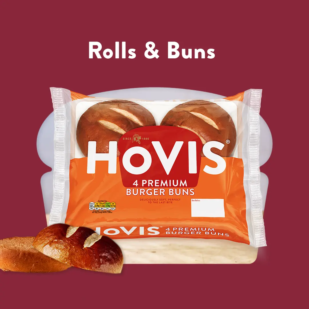 The text reads: Rolls & Buns. A Hovis Premium Burger bun sits in a maroon background and cropped into a loaf shape