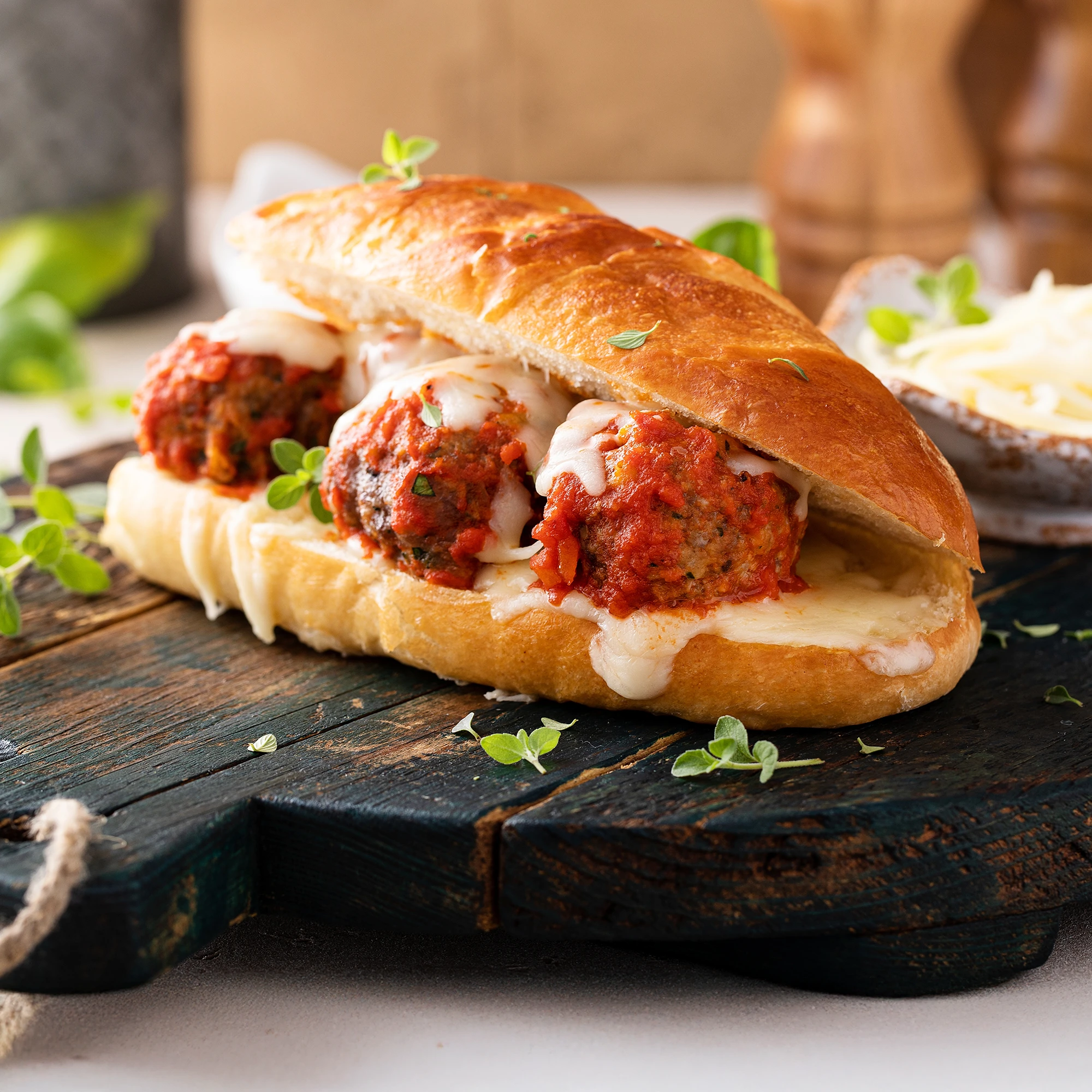 Chopping Board with one Cheese and Herb Sub Roll filled with Beef Meatballs, Tomato Sauce, Basil, Mozzarella and Parmesan