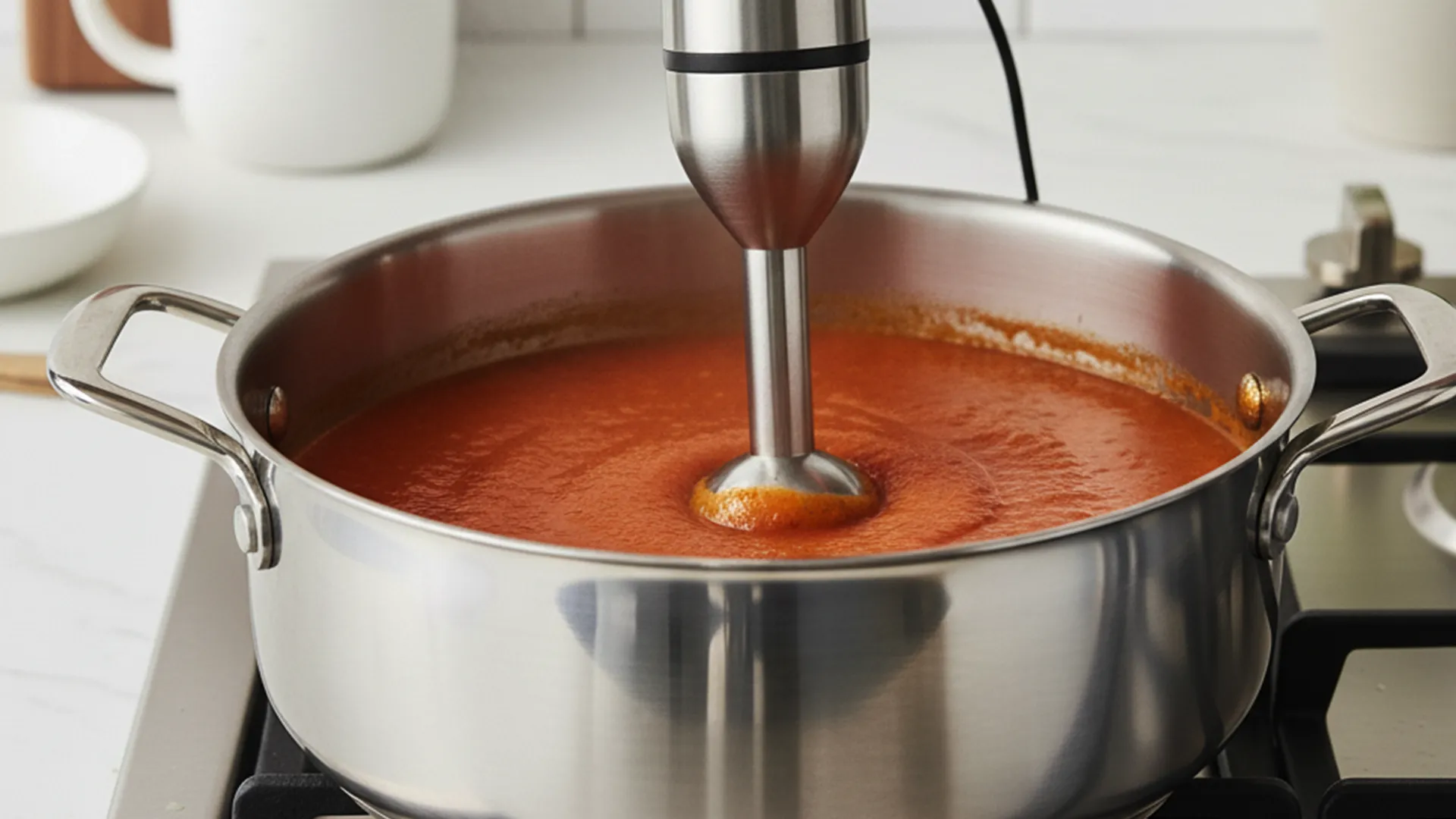 The tomato and basil soup mixture is being bended together using a stick blender whilst simmering on a hot stove.