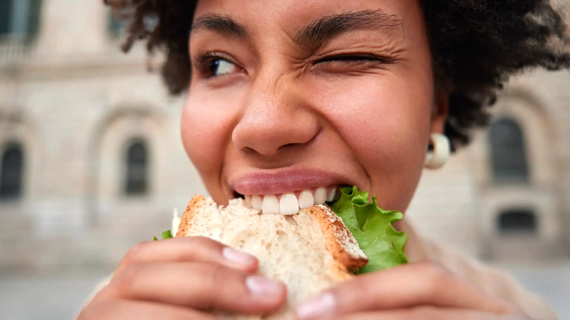 Hovis News The BLT Woman eating Bacon Lettuce Tomato Sandwich V2
