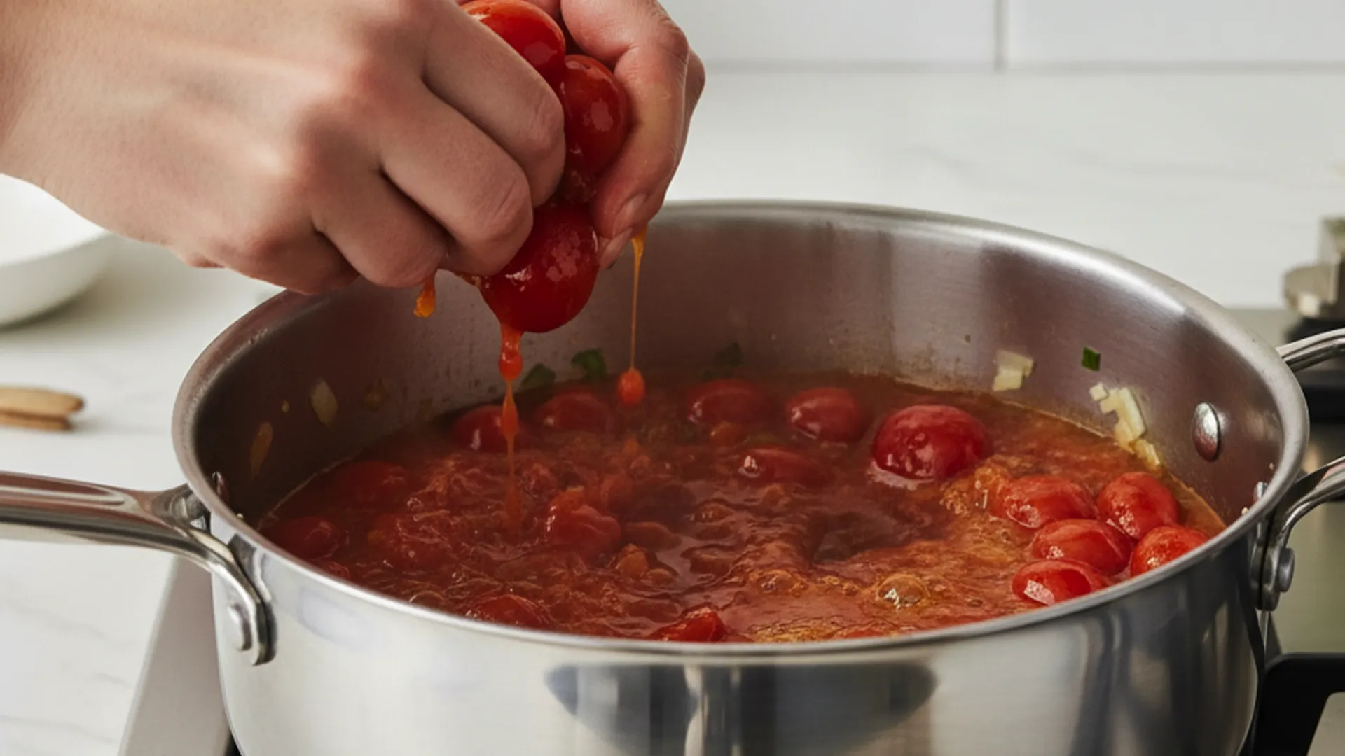 Onions, garlic, carrots, basil and vegetable stock are simmering on a hot stove whilst scrunched tomatoes are being added to the mixture 
