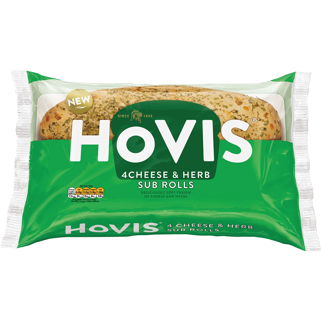 A green pack with Hovis on reads '4 Cheese and Herb Rolls' with 4 soft rolls inside. 