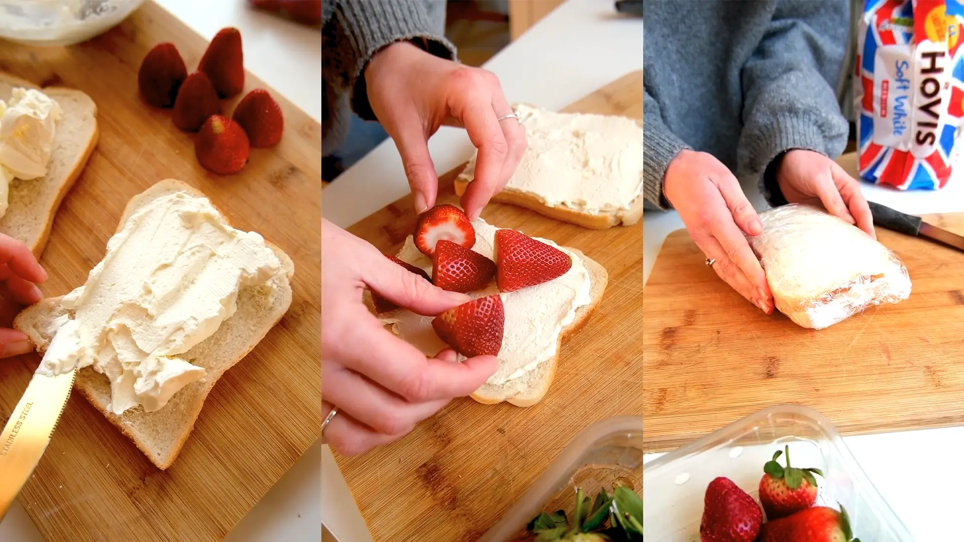 On the left, thick slices of soft white bread are being spread with a layer of cream. Fresh strawberries, hulled and halved, are being carefully placed on the cream in the middle image, on an X shape. On the right, the sandwich is neatly wrapped in cling film, ready to chill and set.