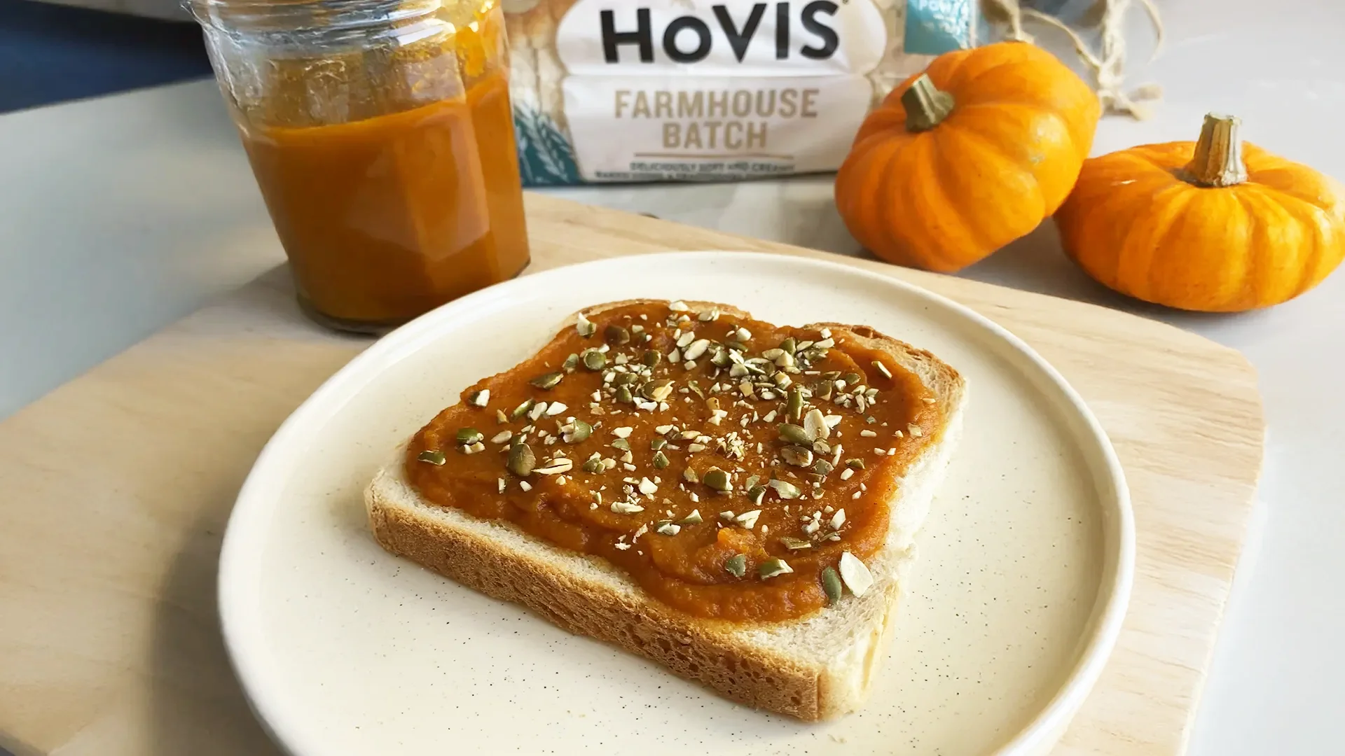 Hovis farmhouse batch slice has been toasted and spread with spiced pumpkin butter