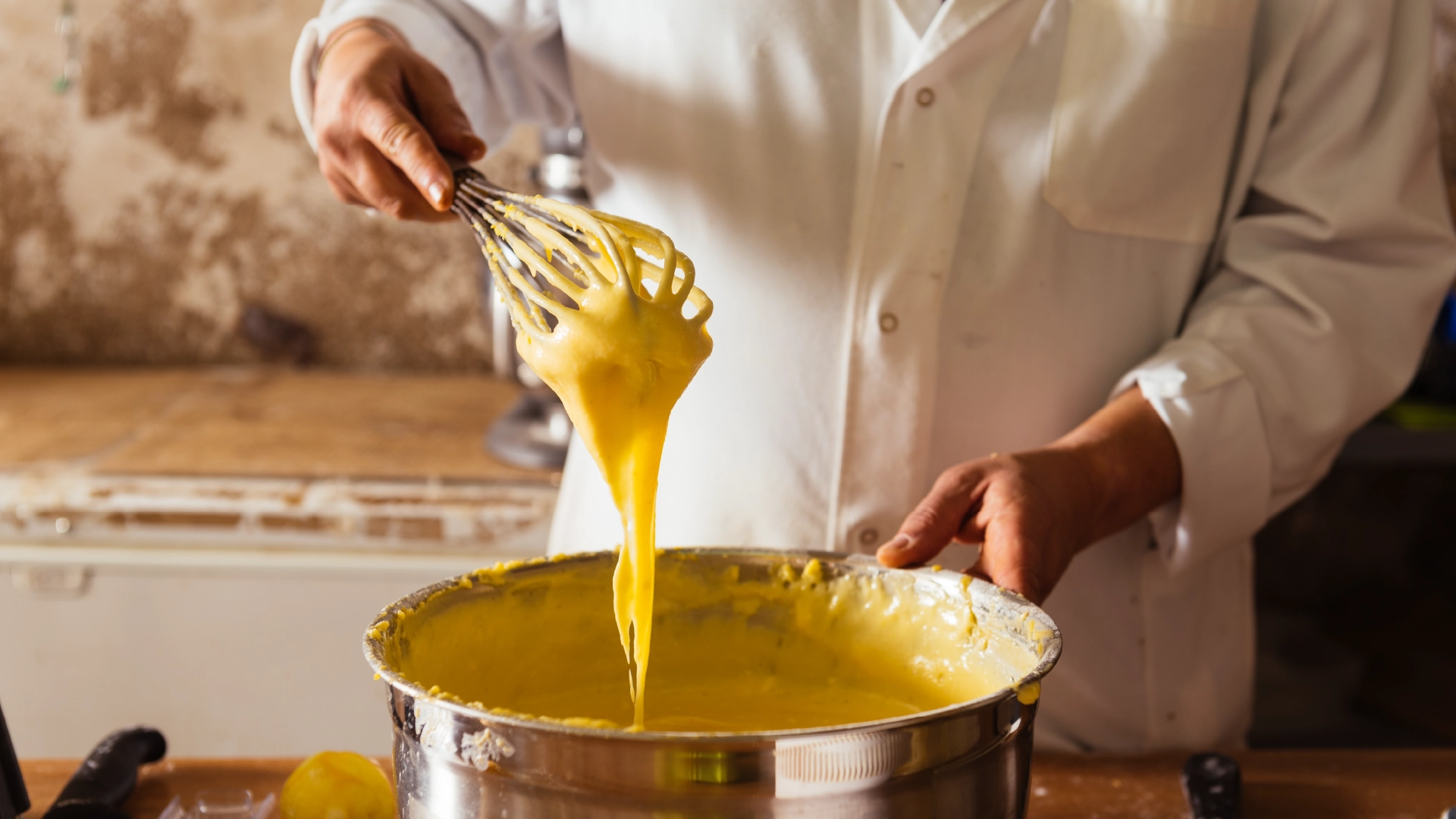 Someone dressed as a chef holding a large pot of bright yellow, creamy custard with a whisk on one hand lifting some of the custard.