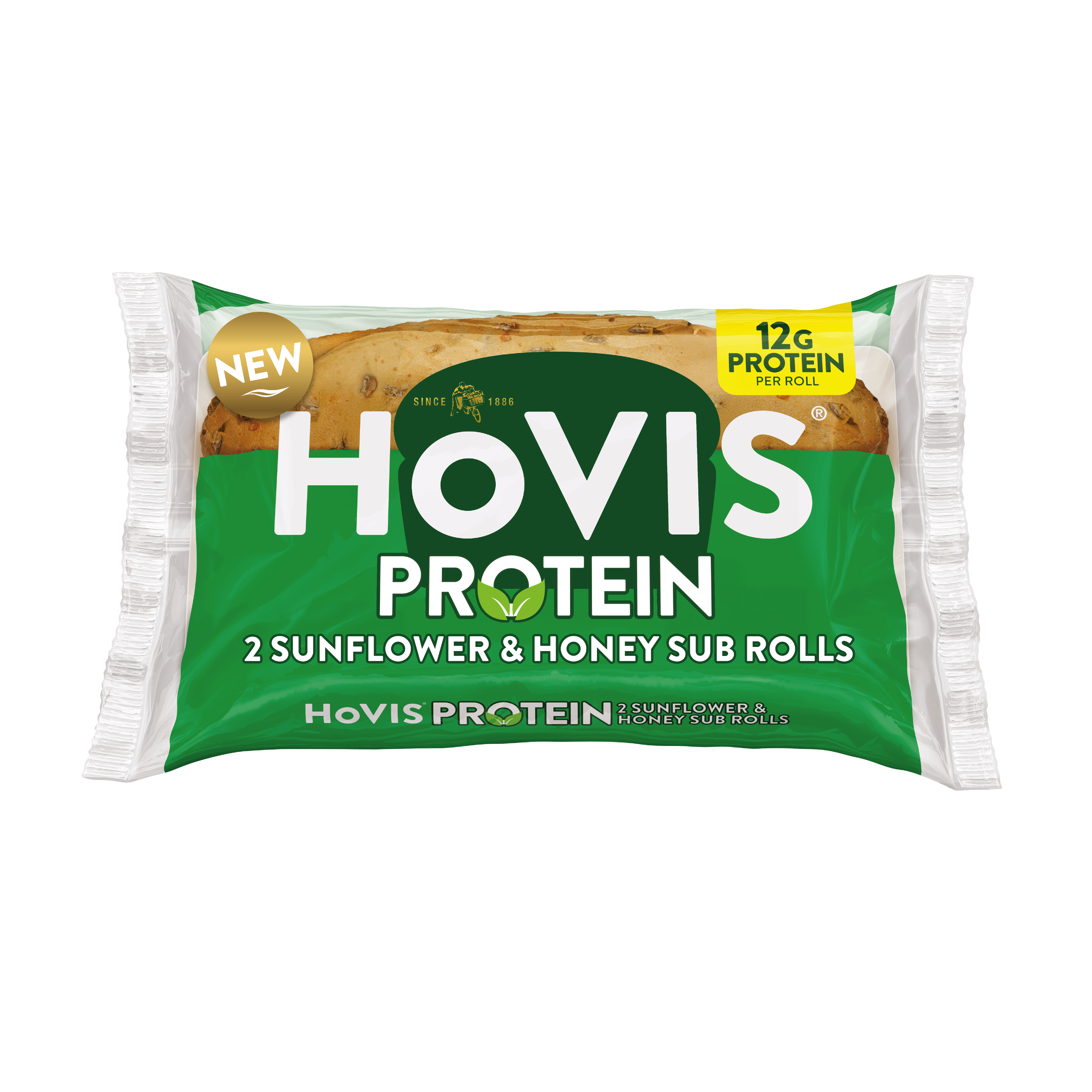 A green pack with Hovis on reads 'Protein' and  '2 Sunflower and Honey Sub Rolls' with 2 soft rolls inside. 