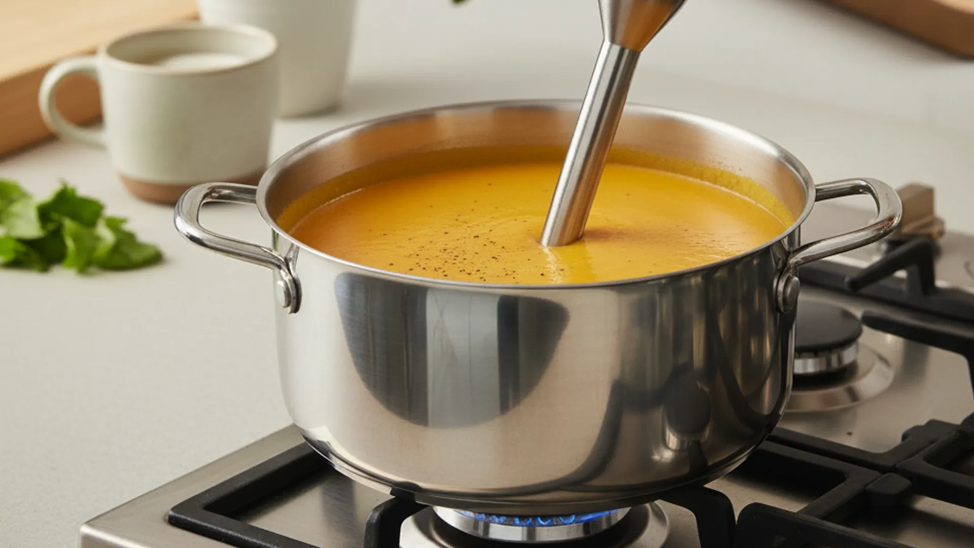 Butternut Squash Mixture is being blended with a stick blender while simmering in a pot on a stove top